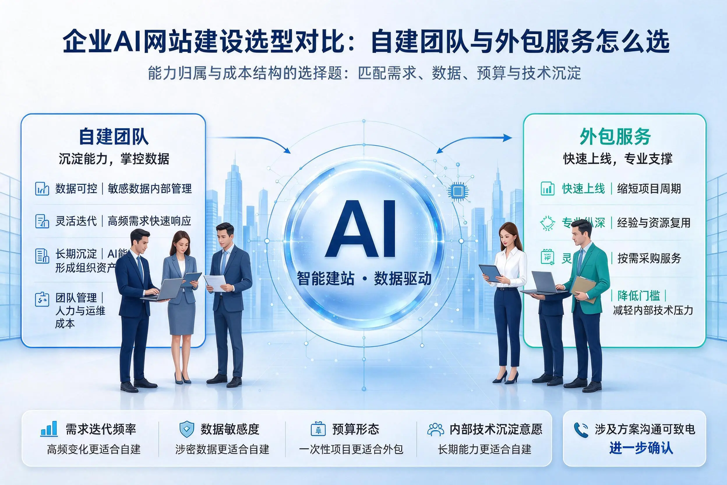 松原企业AI网站建设选型对比:自建团队与外包服务怎么选